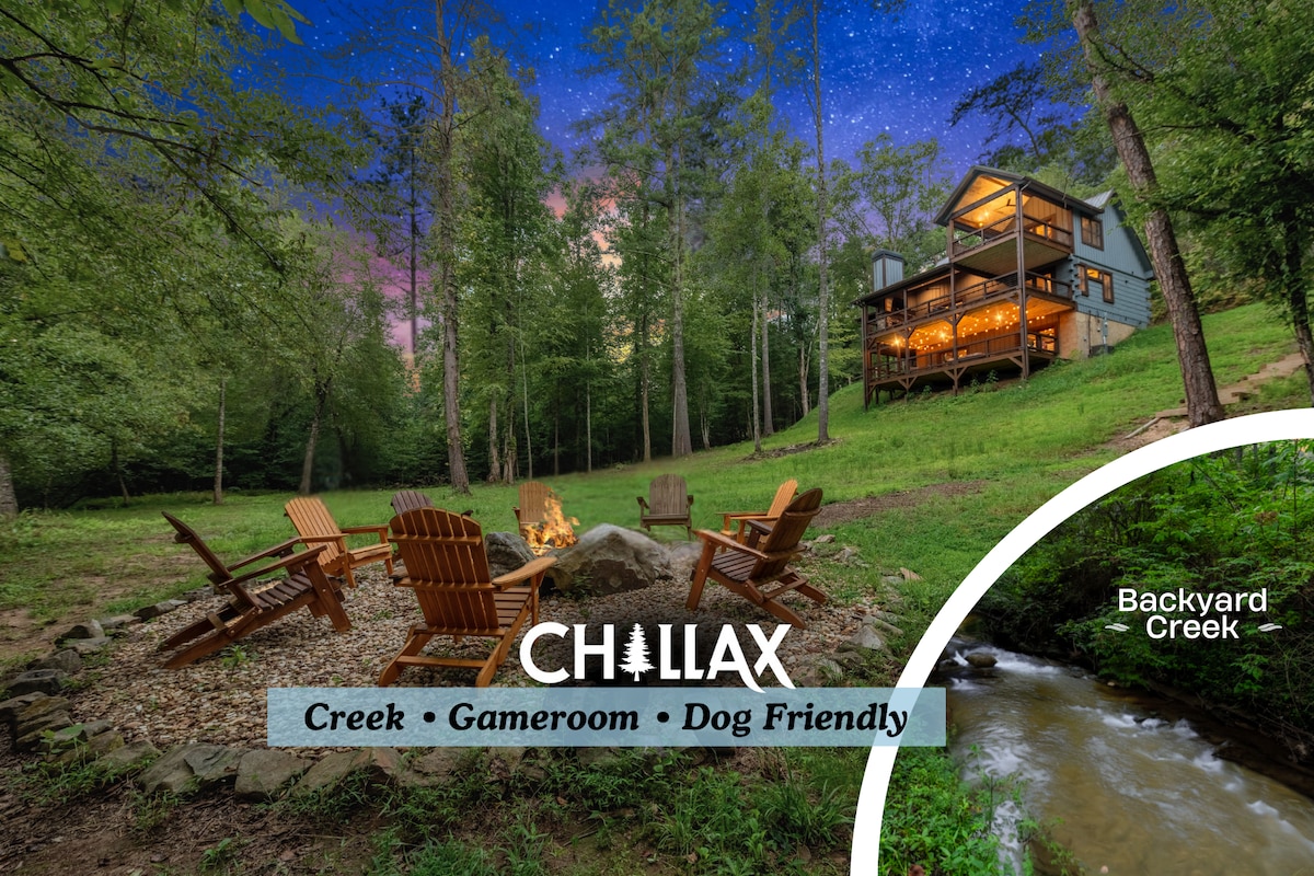 Relax & unwind - enjoy cozy nights by the fire pit, the soothing sounds of a private creek, and the warmth of a charming cabin glowing under the stars. Perfect for your kids and/or fur babies to run around and explore.